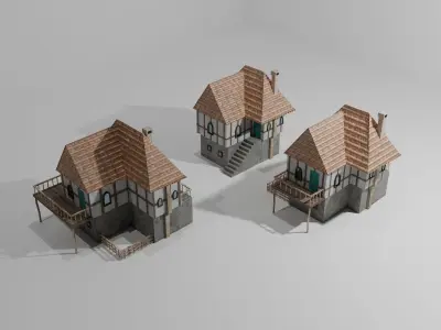 3 European style rural houses Low-poly 3D model