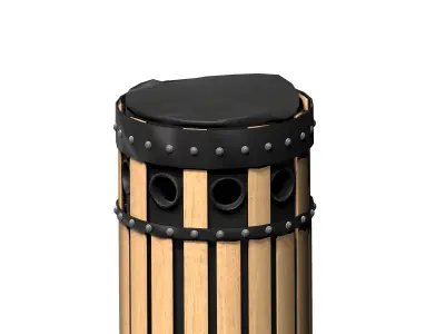 Wooden circular cage type trash can with metal feet Low-poly 3D model
