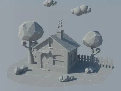 Low Poly House with trees and grass Low-poly 3D model