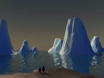 low poly glaciers icebergs and penguins in water 3D model