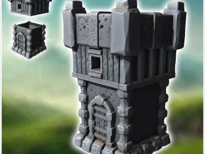 Medieval square stone defense tower with rounded wooden door 12  3D print model purchase