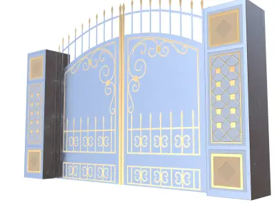 Blue Ornamental Iron Gate 3D Model Low Poly PBR Gold Details Low-poly 3D model