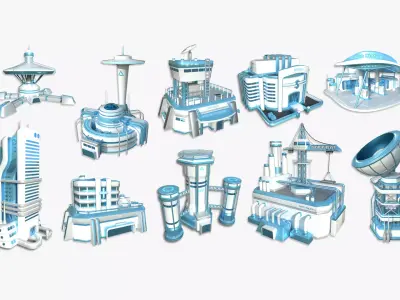 10 Sci Fi Buildings Collection A - White Blue - Exterior Design 3D Model Pack