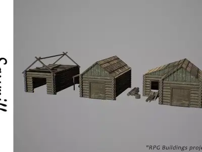 Sawmill three wooden huts Low-poly 3D model