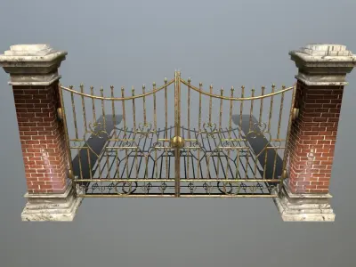 wall set brick with iron railings Low-poly 3D model