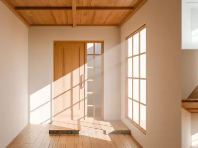 Japanese style room with a wooden door and windows Low-poly 3D model