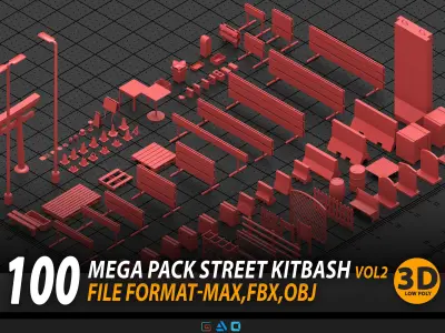 Mega pack Street kitbash-vol2 Low-poly 3D model