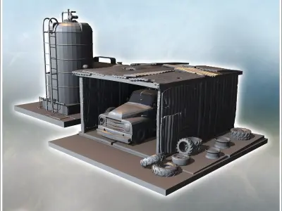 Garage-style structure with adjacent fuel tank and various tires 3D print model