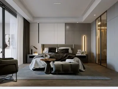 BEDROOM with modern furniture and lighting 3D model