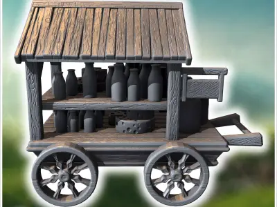 Wooden cart with a roof filled with milk bottles and stacked whe 3D print model