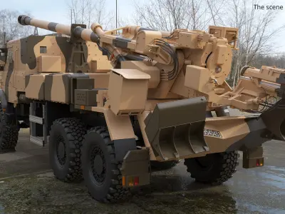  Mobile Howitzer System On Wheeled Chassis Desert Camouflage Rigged 