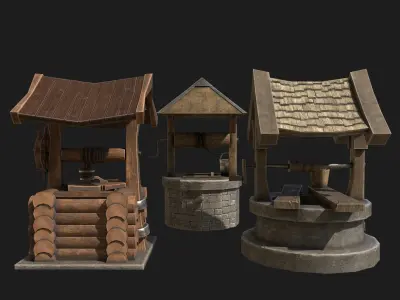 Draw-wells collection water well with roof 3D Model Pack