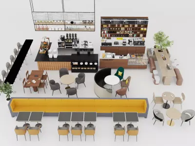 Modern coffee shop interior bar furniture props package Low-poly 3D model
