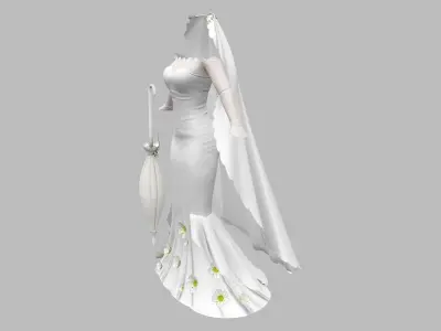 Wedding Dress With Long Veil Cape Umbrella Accessory Low-poly 3D model