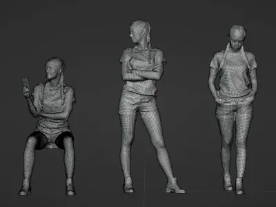 Set of young stylish woman sit walk and stand - posed 3d scan 3D model
