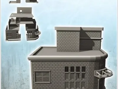 Brick corner building with entrance canopy and roof access 15 -  3D print model