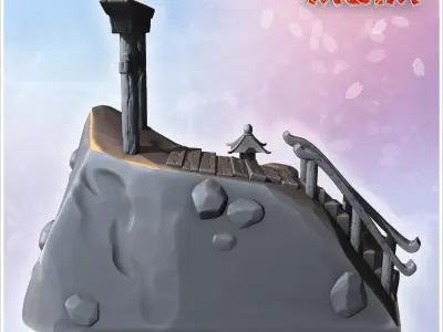 Traditional Japanese shrine with torii gate and stone lantern on 3D print model