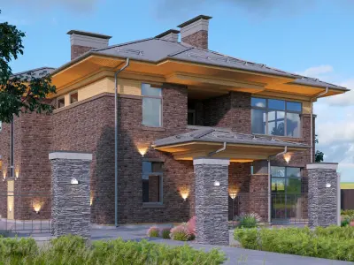 Wright-style apartment building with a raised roof 3D model