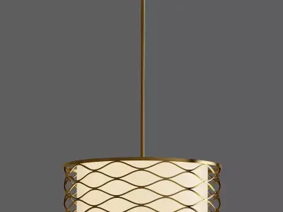 Solei 5 Light Old Gold Pendant with White Linen Fabric Shade 3D model
