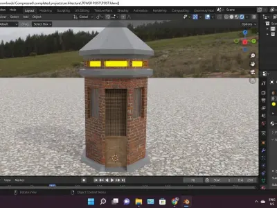 LOW POLY TOWER brick in middle of field Low-poly 3D model