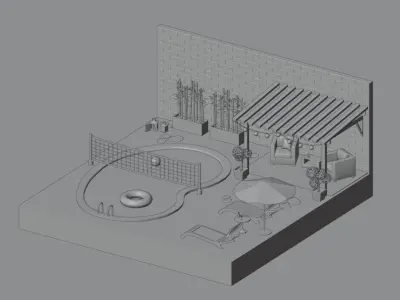 Garden swimming pool with lounge chairs and umbrella Low-poly 3D model