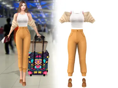 Sunny Brown Holiday Outfit Shawly Top Pants Sandals Low-poly 3D model