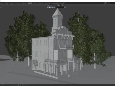 Hotel old fashioned building at dusk Low-poly 3D model
