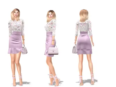 Korean Style Mini Skirt Tucked In Shirt Handbag Outfit Low-poly 3D model
