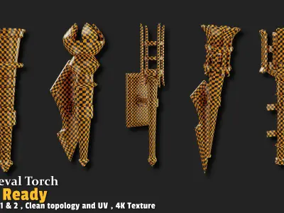 5 Medieval Torch Game Ready Low-poly 3D model
