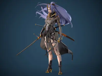 Cyberninja female character Low-poly 3D model