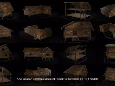 AAA Wooden Enterable Medieval Primal Hut Collection 01 R 3D Model Pack