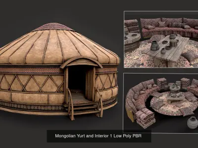 Mongolian Yurt and Interior Low Poly PBR Collection 3D Model Pack