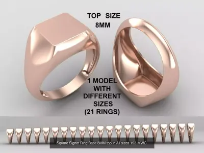 Square Signet Ring  in All sizes 228-MWCG-2  3D Model Pack