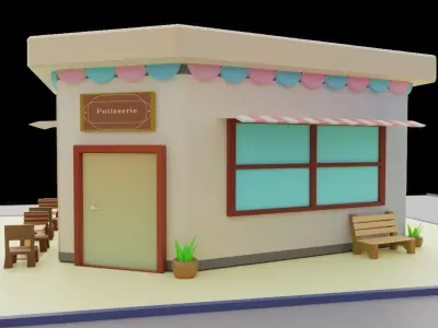 Low Poly Patisserie donut shop with tables and chairs Low-poly 3D model