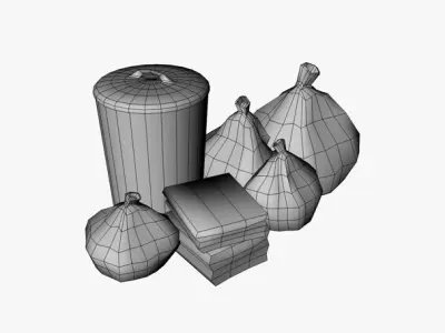 Trash Collection three cans and garbage bag Low-poly 3D model