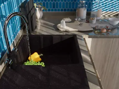 Modern Kitchen Design with Blue Mosaic Backsplash Free 3D model