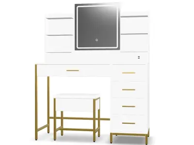 Vanity Desk Set with Mirror  Light and Makeup Stool 3D model