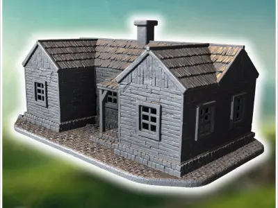 Wooden house with a chimney intact walls and a covered entrance  3D print model