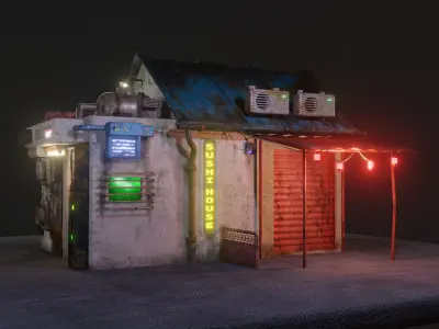 Low Poly Cyberpunk Sushi House for Games or Rendering Low-poly 3D model