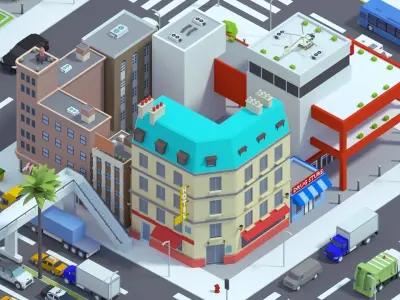 Low Poly City building with windows and balconies Low-poly 3D model