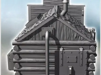 Western general store with log and wood walls and covered awning 3D print model