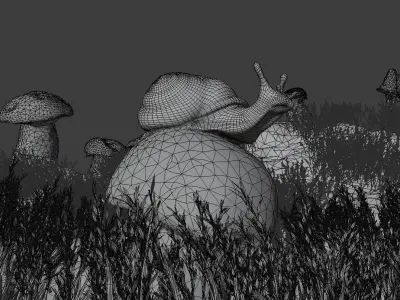 Forest Scene with Snail and Muchrooms Low-poly 3D model