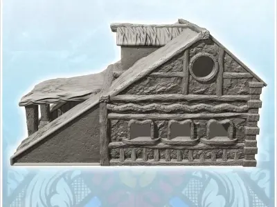 Medieval building with wide roof and double column entrance 4 -  3D print model