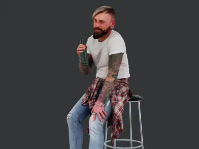 Relaxed Man with Beer on Bar Stool 3D model