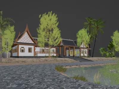 Thaihouse wooden house in middle of tropical forest 3D model