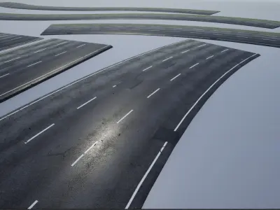 PBR 4K-2K three-lane Patched Modular Highway Roads Low-poly 3D model