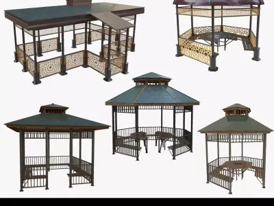 Metal  Wooden Garden Pergola Gazebo Arbor Collection 3D Model Pack