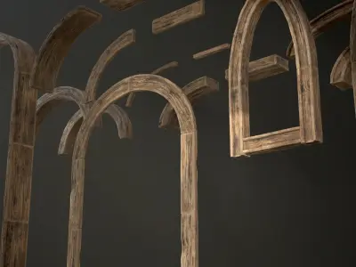 Wooden Arch and Windows Parts Planks 13 pieces and four assets Low-poly 3D model