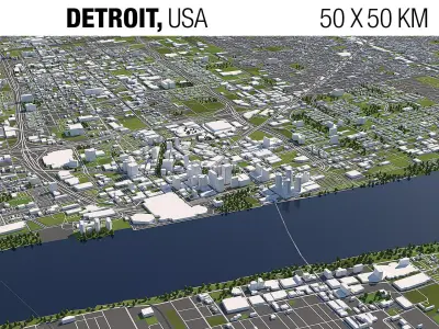 Detroit 50x50km 3D City Map Model 3D model