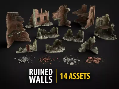 Ruined Brick Concrete Walls Pack - 14 Assets PBR Game Ready  Low-poly 3D model